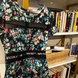 Belle Sky Blue Pink Multicolored Floral Black Mesh BodyCon Midi Scuba Dress